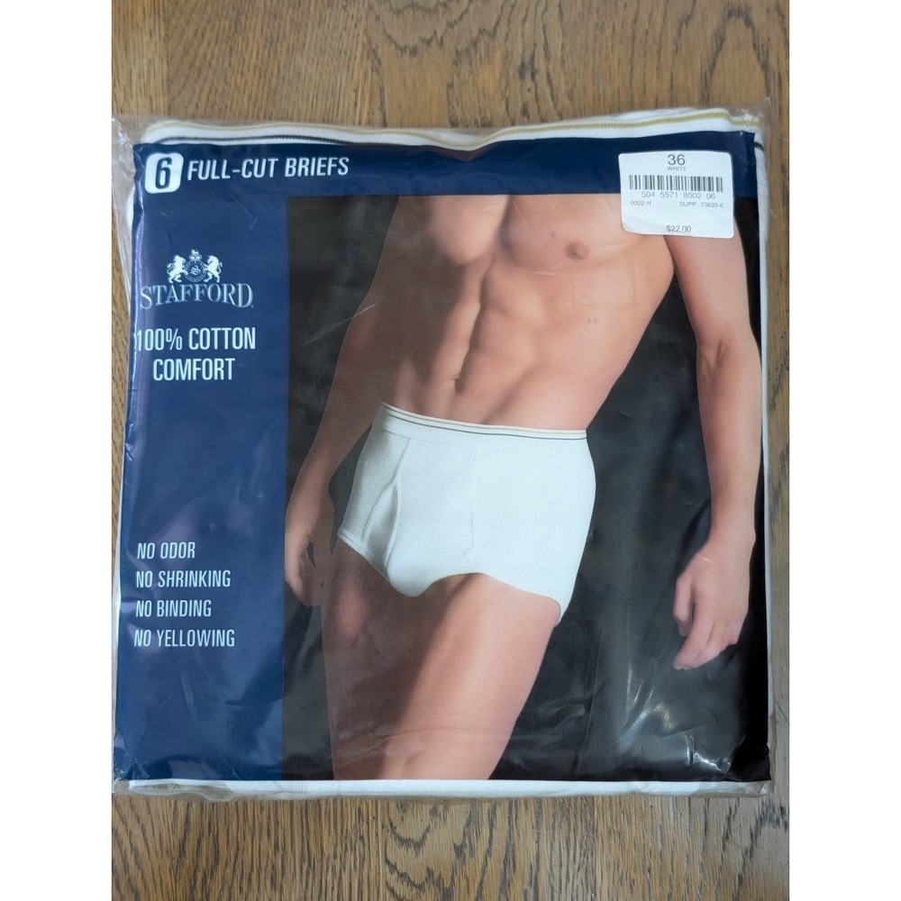 Vintage Stafford 6 Pack White Full Cut Briefs Men's 36 JCPenney New Sealed